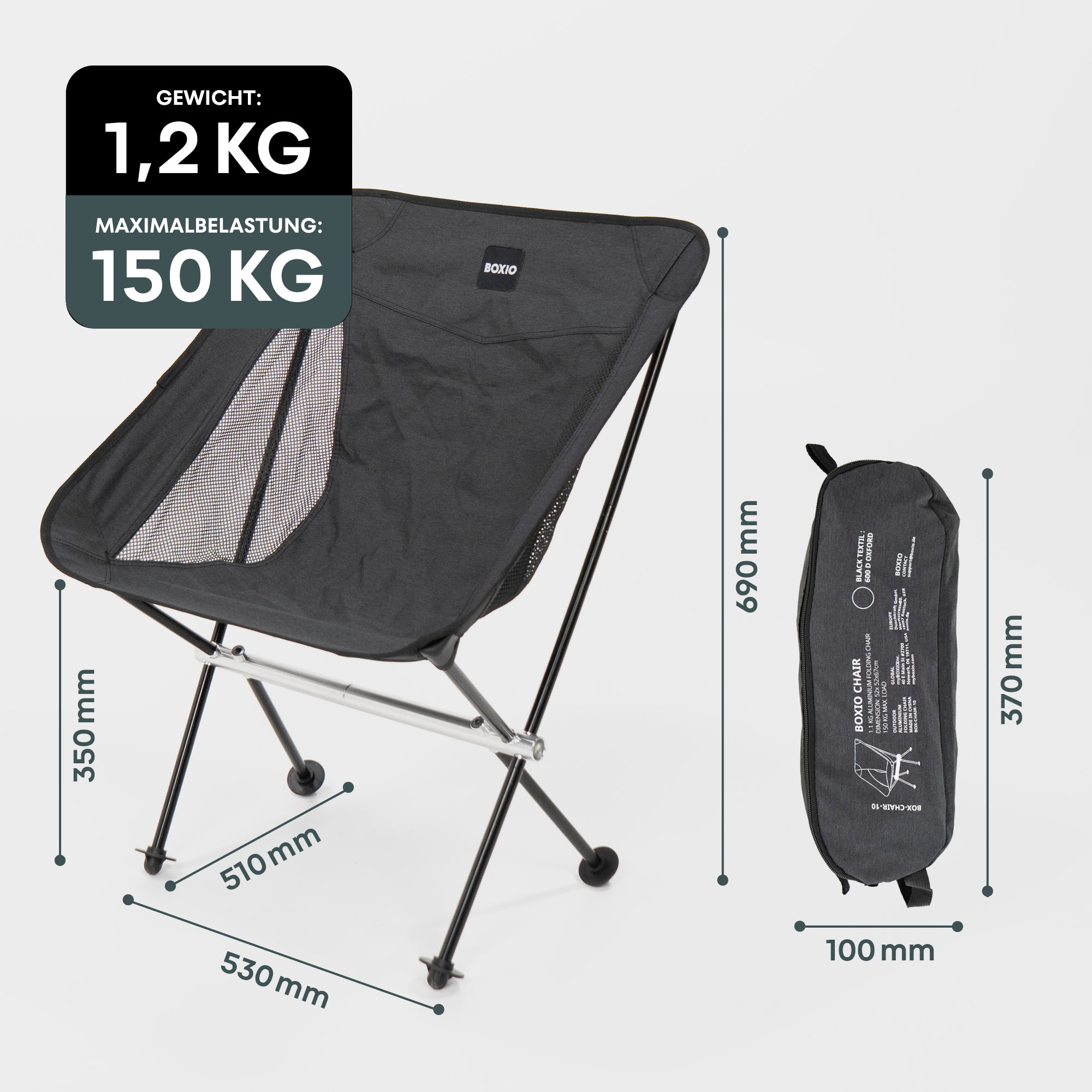 BOXIO CHAIR: ultraleichter Campingstuhl, 1,2 kg, belastbar bis 150 kg, perfekt für minimalistisches Reisen.