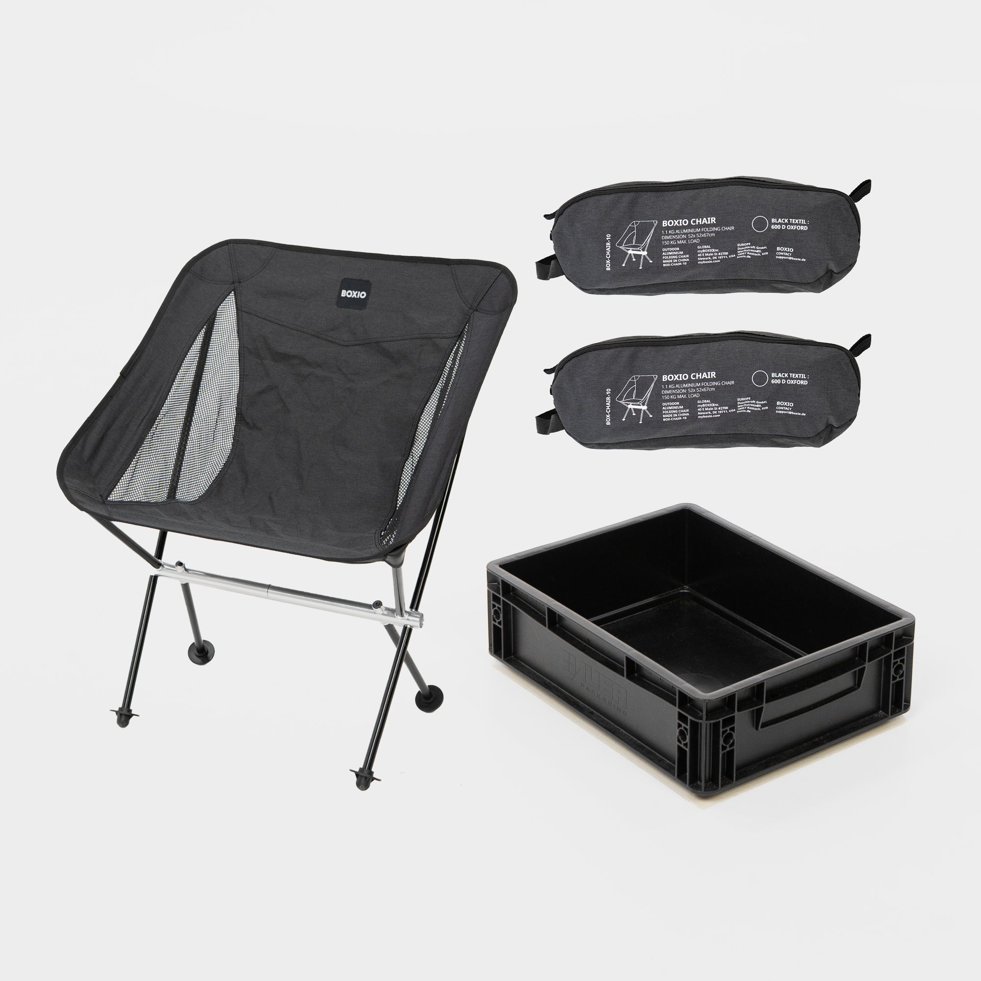 Ultra-light BOXIO CHAIR camping set with two chairs and transport bag, ideal for minimalist travel and outdoor relaxation.