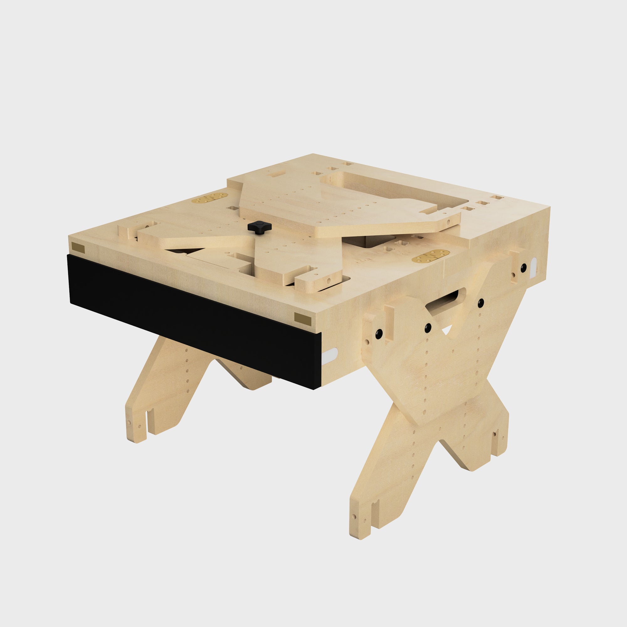 Faltbarer Arbeitstisch aus Holz mit schwarzer Schublade und robustem X-förmigem Gestell.