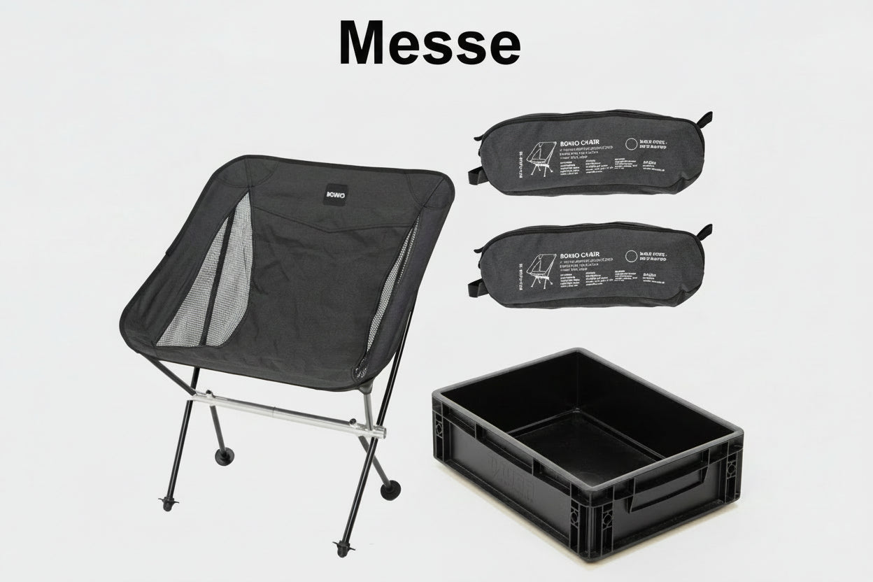 Ultra-light BOXIO CHAIR camping set with two chairs and transport bag, ideal for minimalist travel and outdoor relaxation.