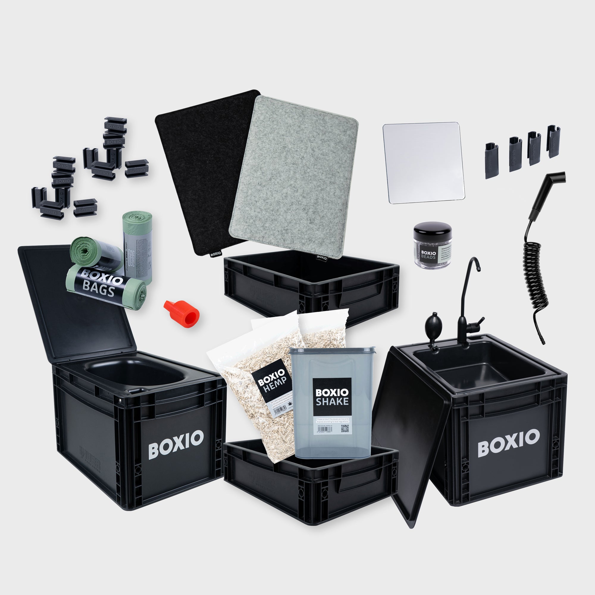 BOXIO - SANITAIR: Complete set met urineverwijderend toilet, mobiele wastafel en accessoires