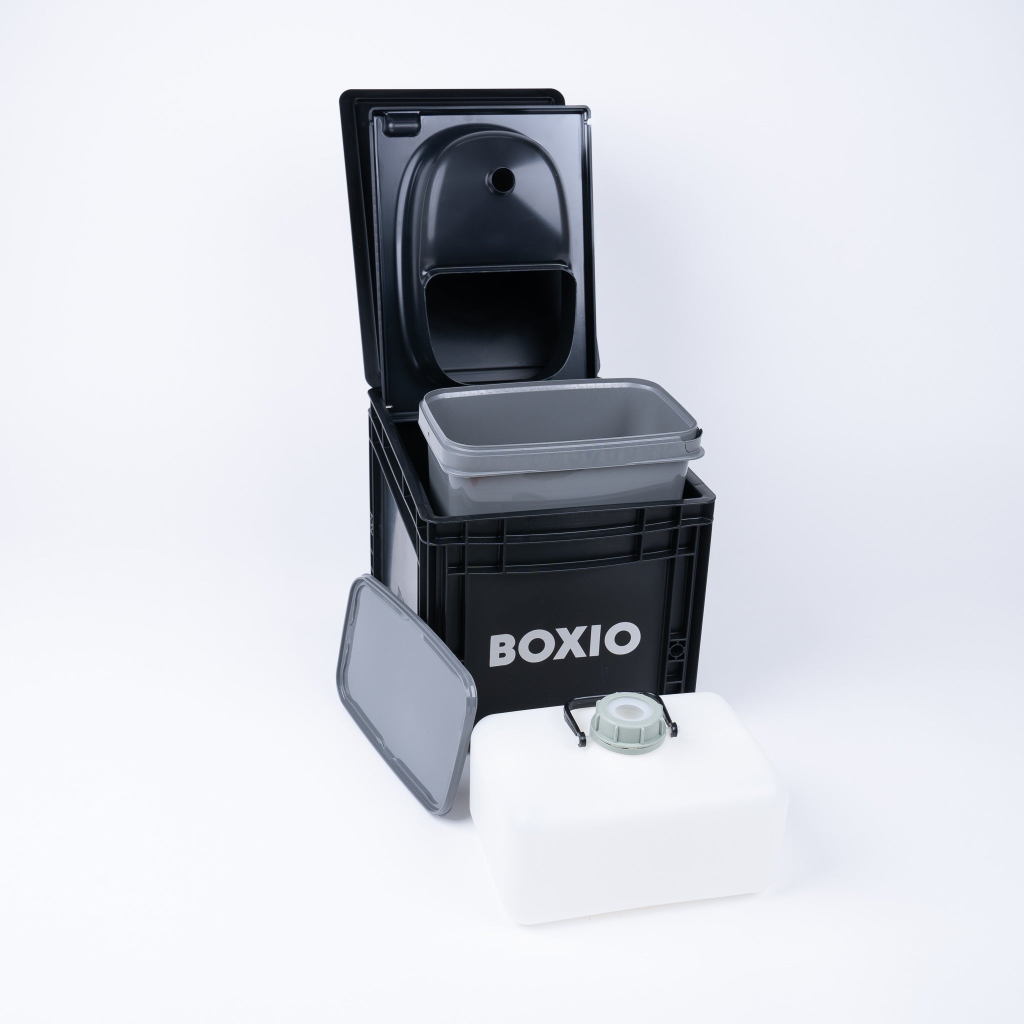 BOXIO - SANITARNY: Kompletny zestaw z toaletą z odprowadzaniem moczu, ruchomą umywalką i akcesoriami.